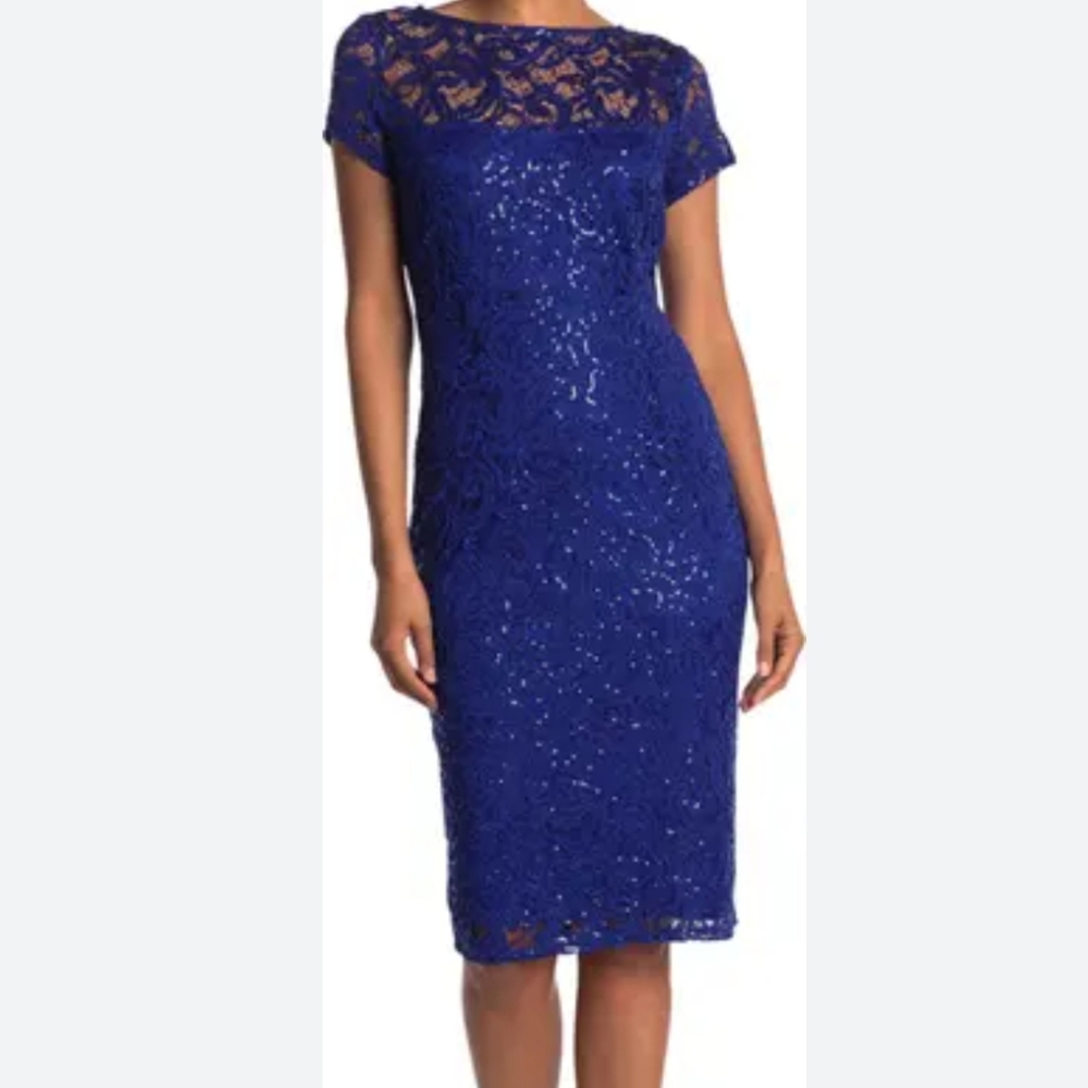 Marin Sequin Cap Sleeve Sheath Dress Blue Size Medium
